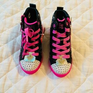 Skechers Black and Pink High-Top Sneakers with Rhinestone Toe Cap